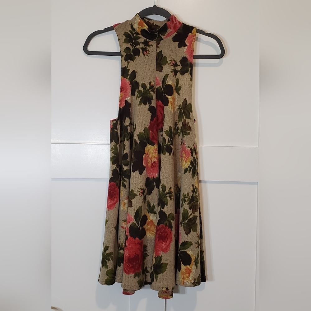 Tres Bien High Neck Racerback Floral Tank Mini Dress Tan Pink Green Size Small